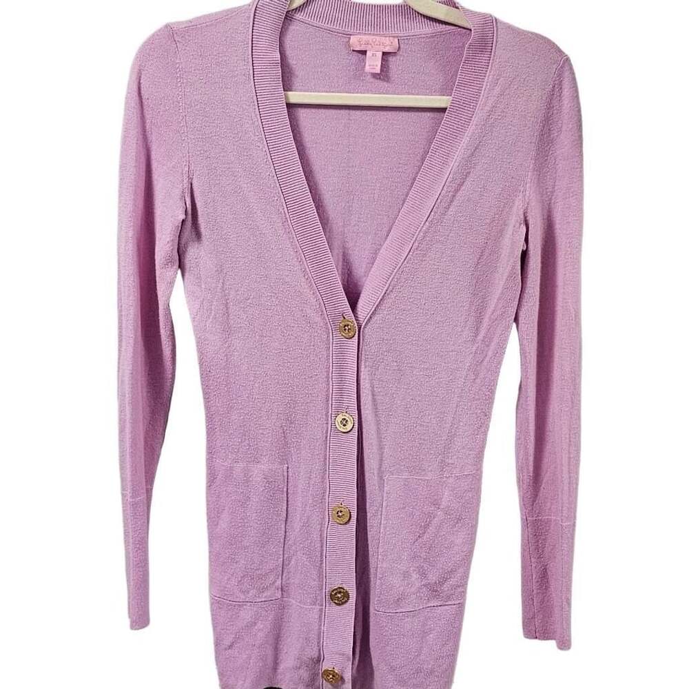 Lilly Pulitzer XS Pink Long Cardigan Coastal Preppy Gold Button Lightweight Knit